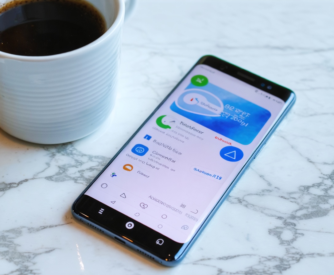Zátišie s moderným smartfónom a šálkou kávy v biznis prostredí Vektor Scale Up