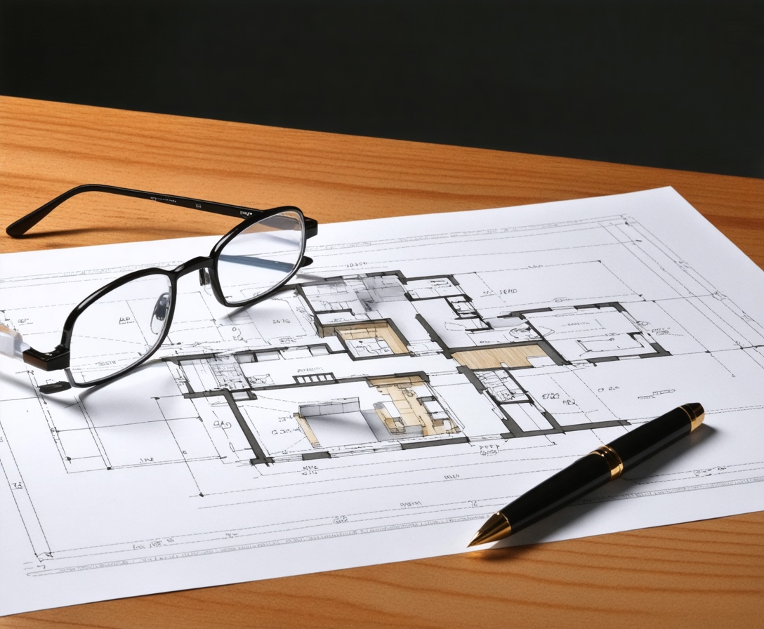 Minimalistický architektonický nákres metodiky Vektor Matrix na drevenom stole